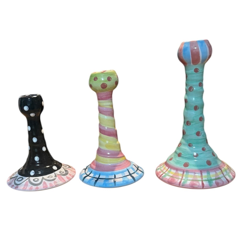 Whimsical Hand Painted Ceramic Candlestick Holders Set of 3 McKenzie Child Style
